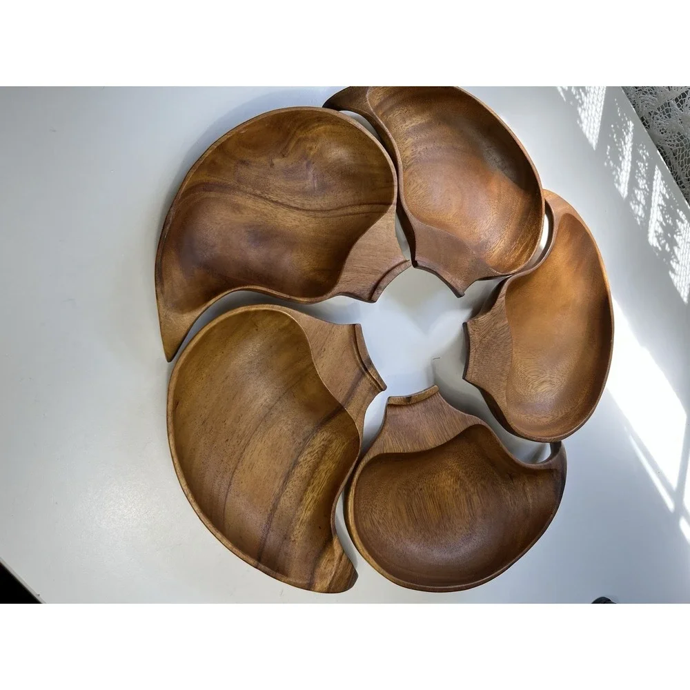 Vintage Mcm Monkeypod Wood Interlocking Leaf Serving Bowl Set Five Tiki Lazy Sus